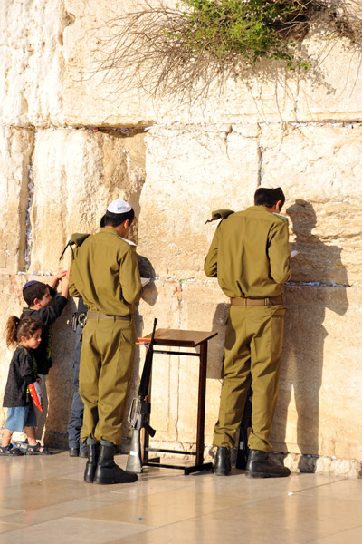 Israeli soldiers praying at the Western Wall