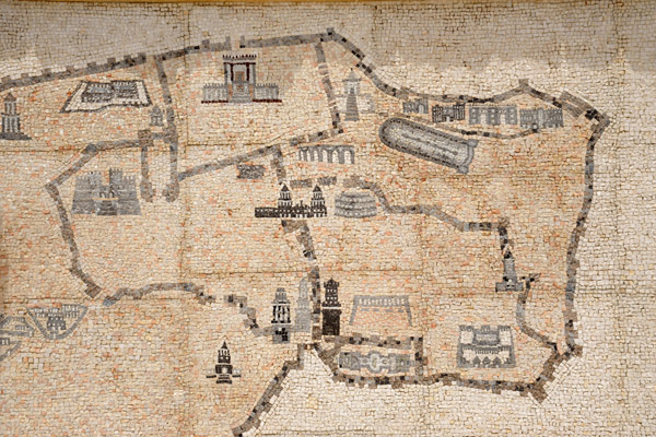 Mosaic map of Temple Mount and the southern half of the old city (east is up)