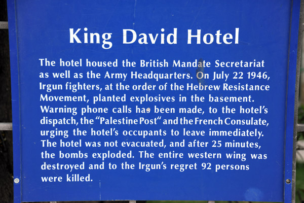 King David Hotel-bombed by Jewish terrorists/freedom fighters led by future Israeli prime minister Menachem Begin, 22 July 1946