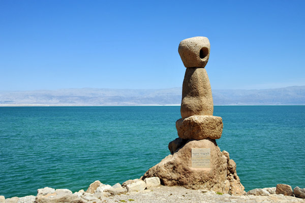 Dead Sea with a stone sculpture along the shore north of En Boqeq