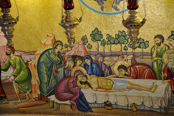 Mosaic of the Stone of Unction where the anointment of Jesus' body occured before burial