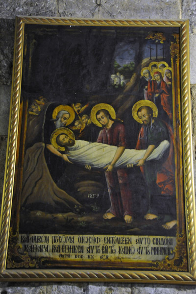Greek icon of Christ being laid in the tomb dated 1859