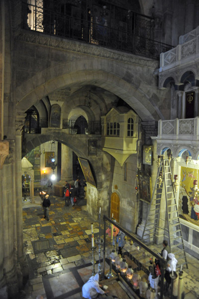 View of the entrance foyer and Stone of Unction from the Chapel of Golgotha