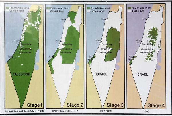 The division of Palestinian and Jewish land starting in 1946, UN partition plan of 1947, 1949-1967, and finally, 2000