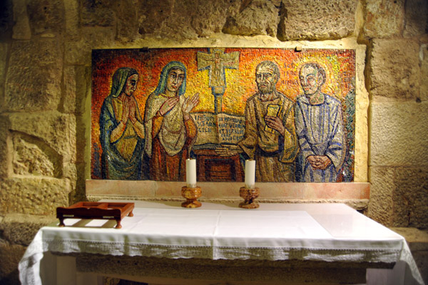 Altar with mosaic depicting St. Paula who is buried in the caves beneath the Church of the Nativity