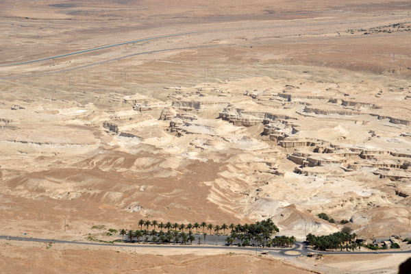 View of the badlands between Masada and the Dead Sea