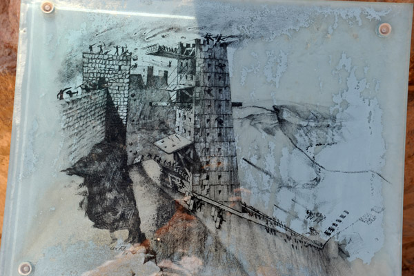 Artists impression of the Roman Siege Tower at the top of the ramp attacking the walls of Masada