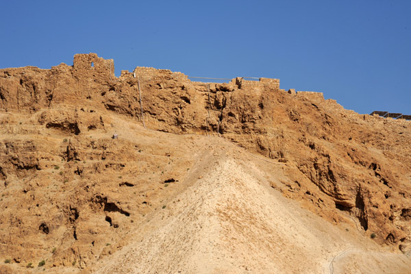 Looking up at Masada and the Roman Siege Ramp from the Tomb of the Defenders, Masada