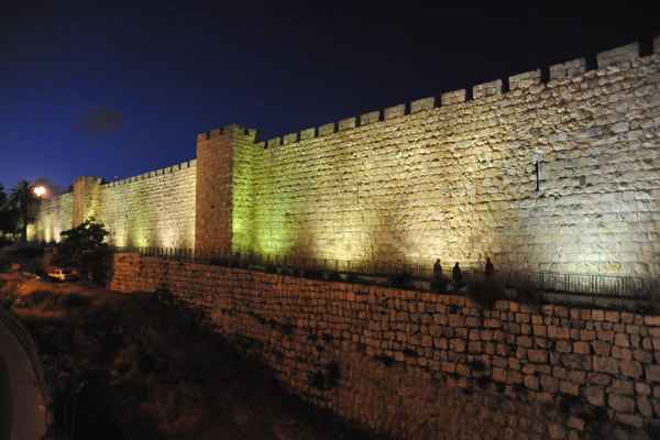 Ottoman walls north of Jaffa Gate illuminated at night