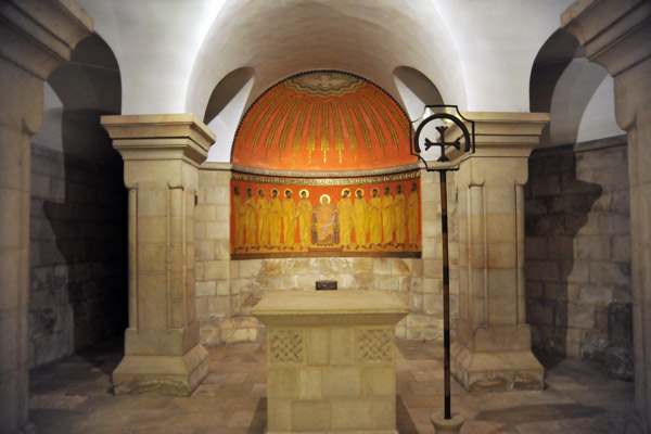 Altar in the crypt of the Church of the Dormition with a mosaic of Mary with the Twelve Apostles