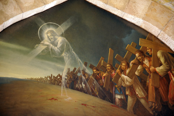 Painting of ghostly Christ carrying the cross followed by dozens of others
