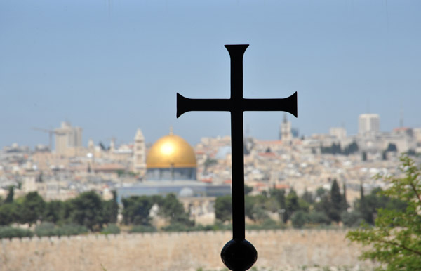Cross on the altar of Dominus Flevit with a fine view of the city over which the Lord wept