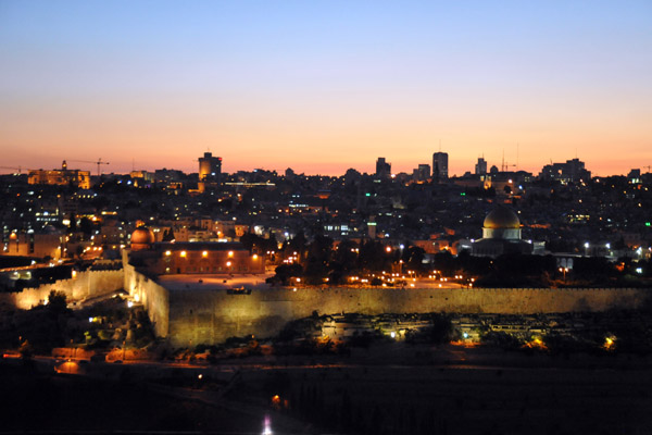 The walls of Temple Mount and the Old City lit at dusk, Jerusalem-Mount of Olives