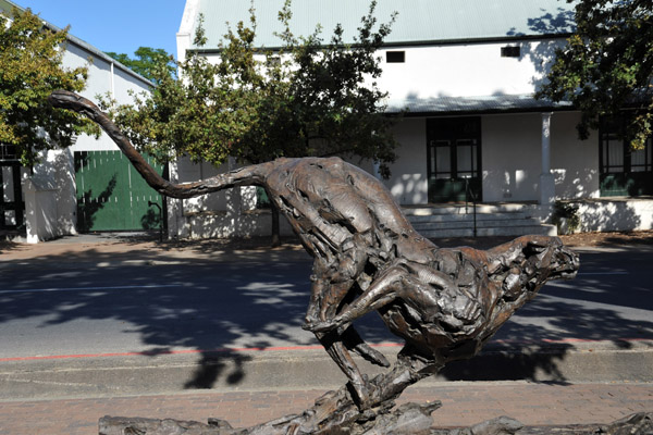 Bronze cheetah running down Dorp Straat, Stellenbosch