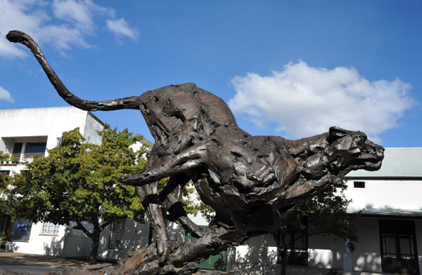 Bronze cheetah running down Dorp Straat, Stellenbosch