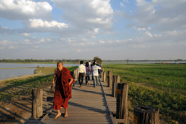 Monk crossing U Bein's Bridge, Amarapura
