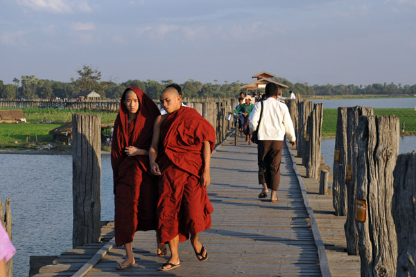 Burmese Monks crossing U Bein's Bridge, Amarapura