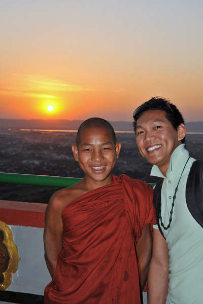 Dennis and a monk at sunset, Mandalay