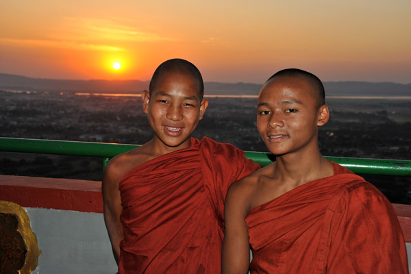 Burmese monks at sunset, Mandalay Hill
