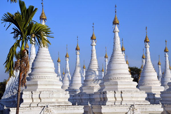 Stupas housing marble slabs of Buddhist commentary, Sandamani Paya, Mandalay