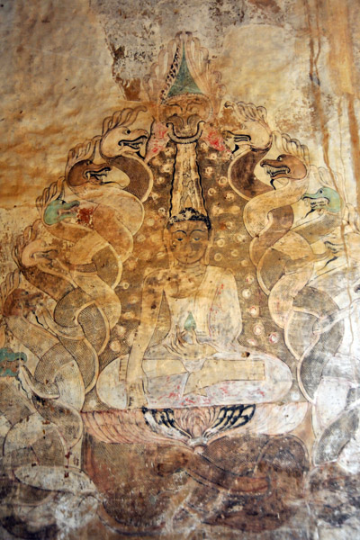 Fresco of Buddha on the naga throne