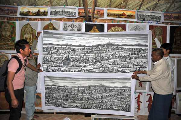 Black and white oil paintings of the Temples of Bagan in various sizes