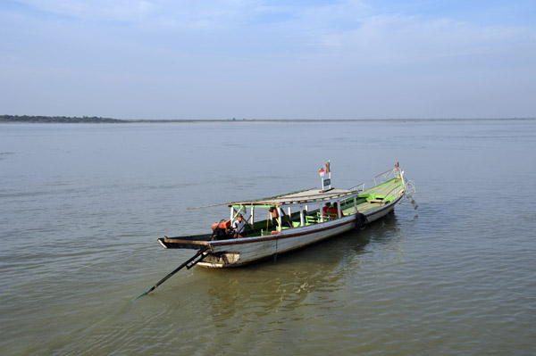 Large long-tail boat on the Irrawaddy River at Bagan