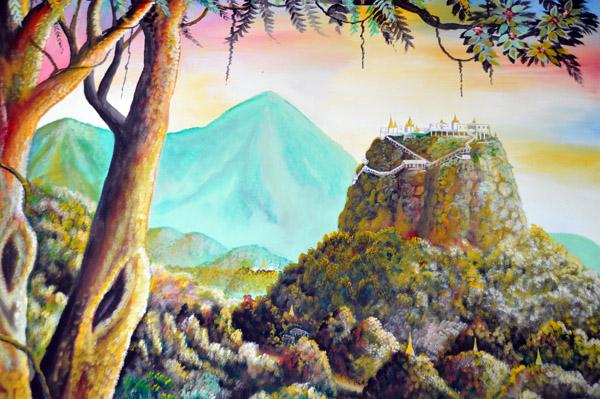 Mural of Popa Taung Kalat Monastery with the summit of Mt. Popa in the background