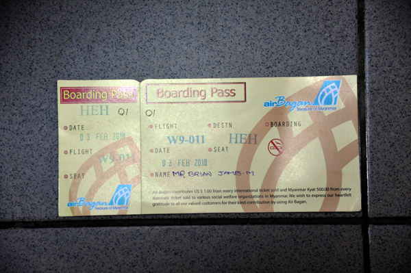 Air Bagan boarding pass MDL-HEH