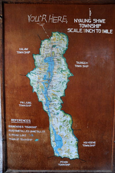 Map of Inle Lake with Nyaung Shwe at the north end