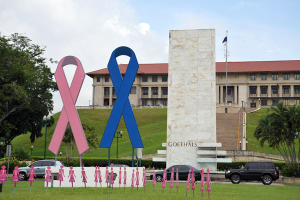 Breast cancer ribbons in front of the Goethals Monument, Panama