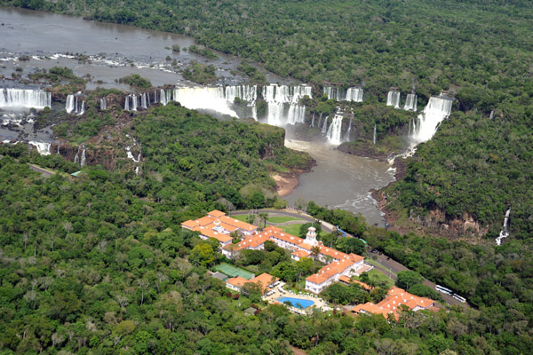 Aerial view of Hotel das Cataratas with Iguau Falls, Brazil