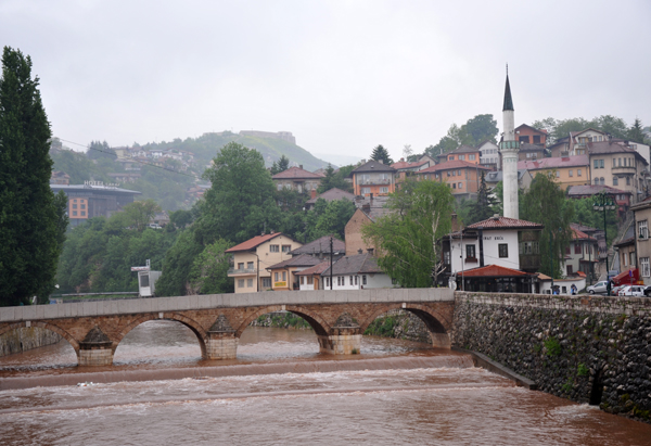 The fast-flowing Miljacka River passing along the edge of Sarajevo's old city