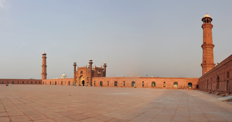The world's largest mosque courtyard, Badshahi Mosque, from the southwest