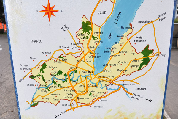 Geneva is at the west end of Lac Léman, almost totally encircled by France
