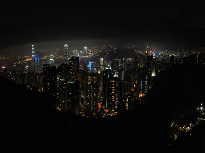 Panoramic night view of Hong Kong from The Peak Tower