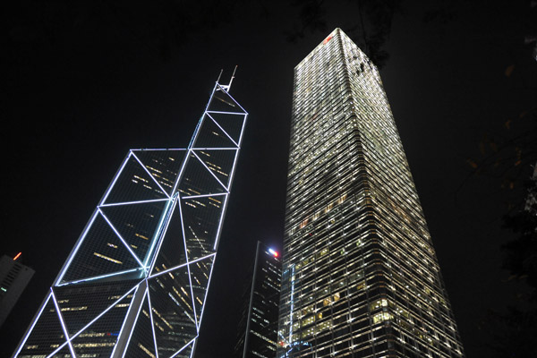 Bank of China Tower and the Cheung Kong Center, Hong Kong at night