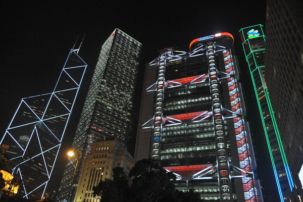 Hong Kong at night - Bank of China, Cheung Kong Center, HSBC and Standard Chartered Bank