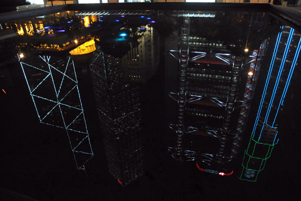 Hong Kong Reflections at night - Bank of China, Cheung Kong Center, HSBC and Standard Chartered Bank