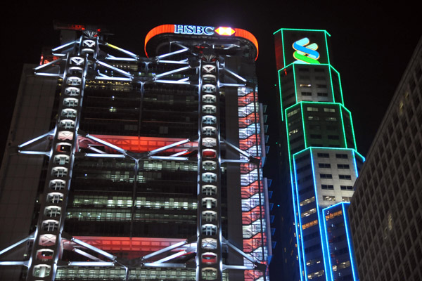 HSBC and Standard Chartered Bank, Hong Kong at night