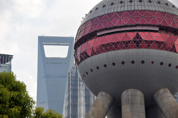 Close up of the main sphere of the Orient Pearl Tower with the Shanghai World Financial Center