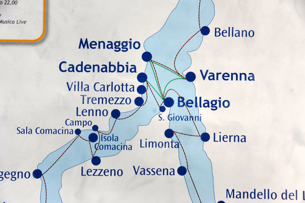 Ferry crossings in the central area of Lake Como connecting Bellagio with Menaggio and Varenna