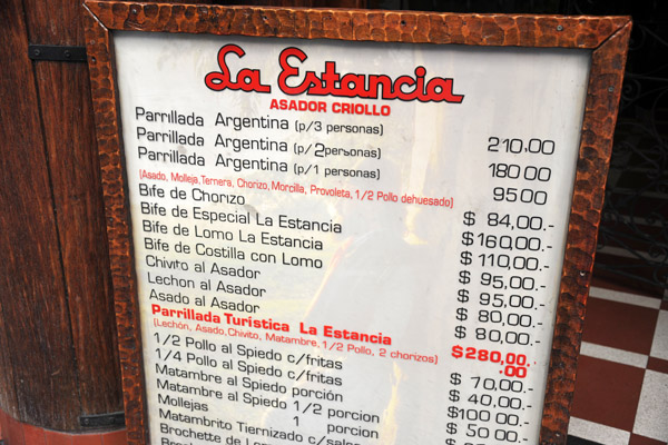 Price list at La Estancia