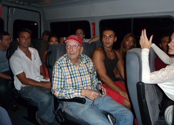 Dad and the crew on the bus to the Barra Grill