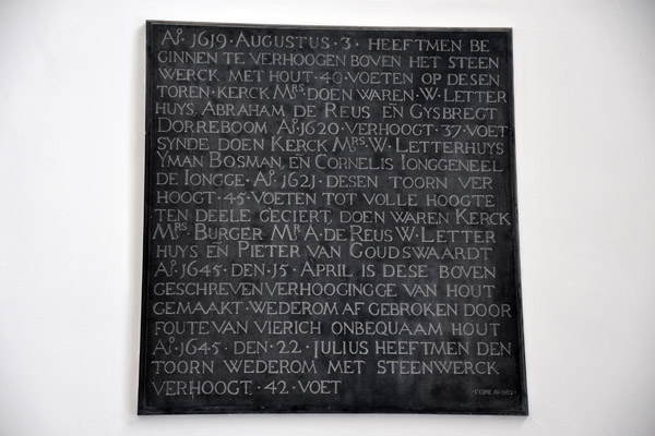 Tablet with the history of the tower of Sint-Laurenskerk 1619-1645 (1962 copy)