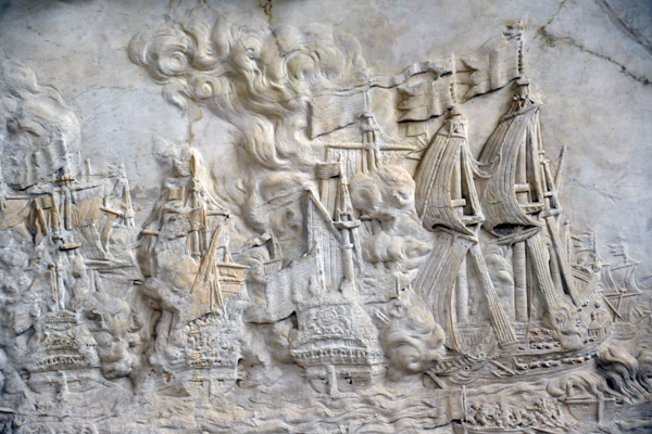 Carving of a naval battle on the tomb of Admiral Witte de With, who was killed at the Battle of the Sound against Sweden in 1658