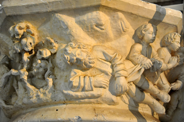 Detail of a carved stone capital saved from the ruins of the Laurenskerk