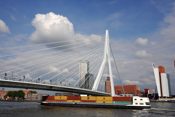 River container ship For-Ever passing under the Erasmus Bridge, Rotterdam