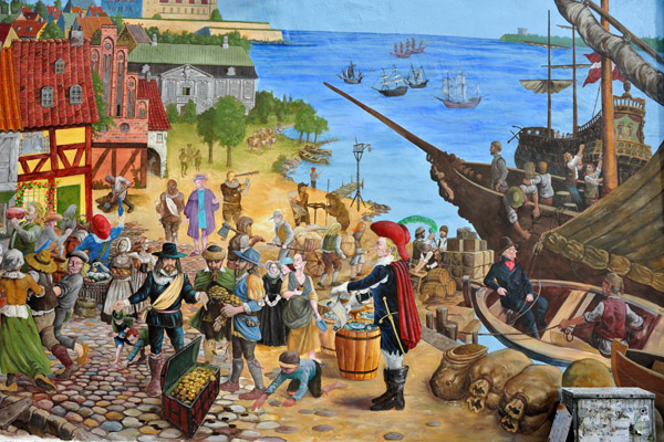 Mural showing the old port of Helsingr