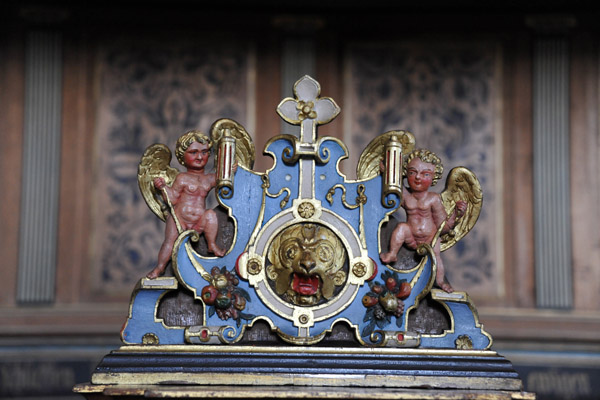 Kronborg Chapel - detail of the carvings on the pews